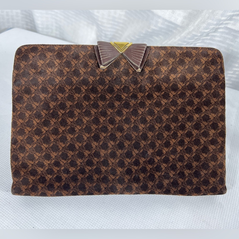 Vintage Salvatore Ferragamo Monogram Velvet Clutch Brown Evening Bag